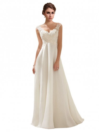 Avorio Linea A Scollatura a V Sweep treno Chiffona Pizzo Abiti da sposa AllIngrosso