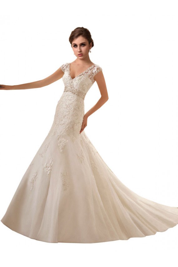 Avorio Linea A Scollatura a V Tulle Pizzo Abiti da sposa AllIngrosso