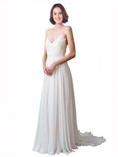 Avorio Linea A Sottili Scollatura a V Chiffona Pizzo Spiaggia Abiti da sposa AllIngrosso