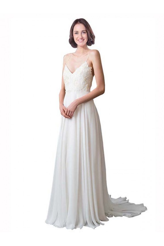 Avorio Linea A Sottili Scollatura a V Chiffona Pizzo Spiaggia Abiti da sposa AllIngrosso