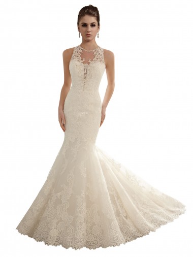 Avorio Stile sirena Illusione Pizzo Abiti da sposa AllIngrosso