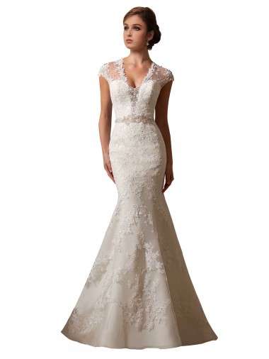 Avorio Stile sirena Illusione Scollatura a V Tulle Pizzo Abiti da sposa AllIngrosso