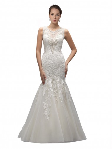 Avorio Stile sirena Illusione Sweep treno Tulle Pizzo Abiti da sposa AllIngrosso