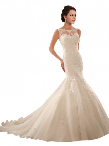 Avorio Stile sirena Illusione Tulle Pizzo Abiti da sposa AllIngrosso