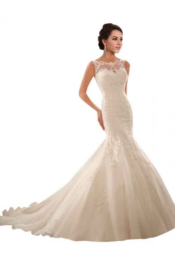 Avorio Stile sirena Illusione Tulle Pizzo Abiti da sposa AllIngrosso