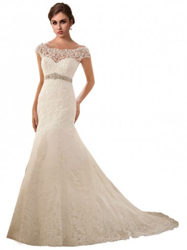 Avorio Stile sirena Illusione Tulle Pizzo Abiti da sposa AllIngrosso