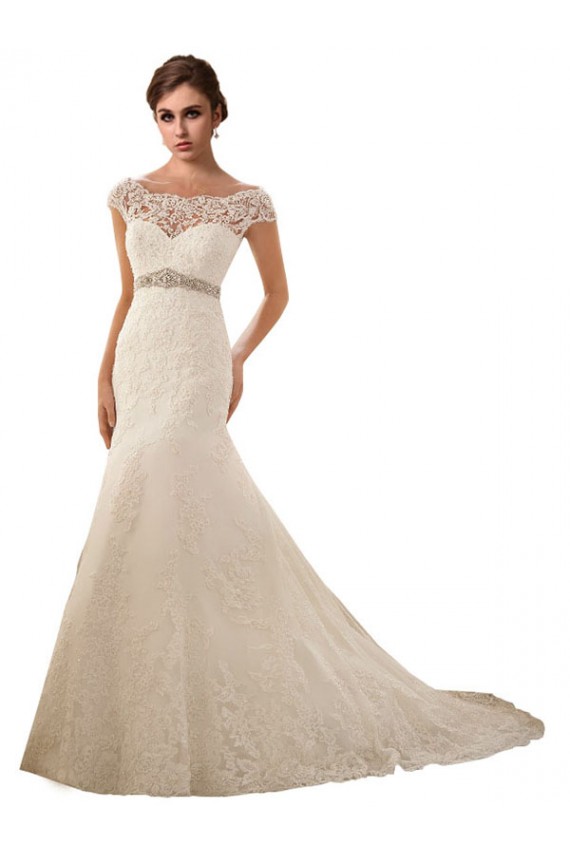 Avorio Stile sirena Illusione Tulle Pizzo Abiti da sposa AllIngrosso