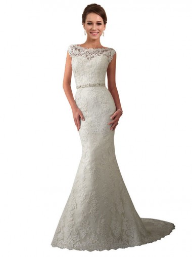Avorio Stile sirena Illusione Tulle Pizzo Abiti da sposa AllIngrosso