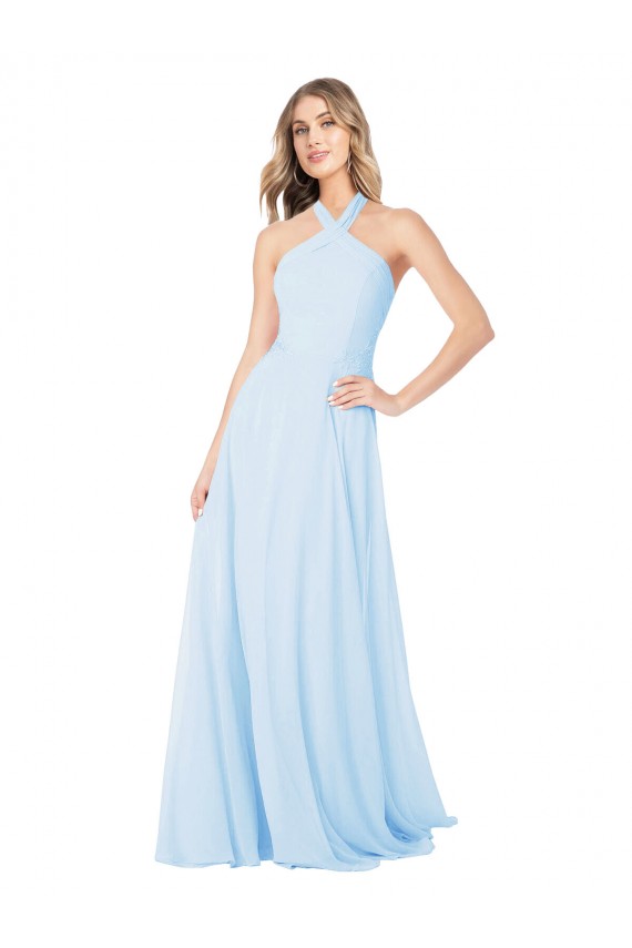 Azzurro cielo Linea A Capestro Alto Collo Chiffona Lunga Abiti da damigella donore AllIngrosso