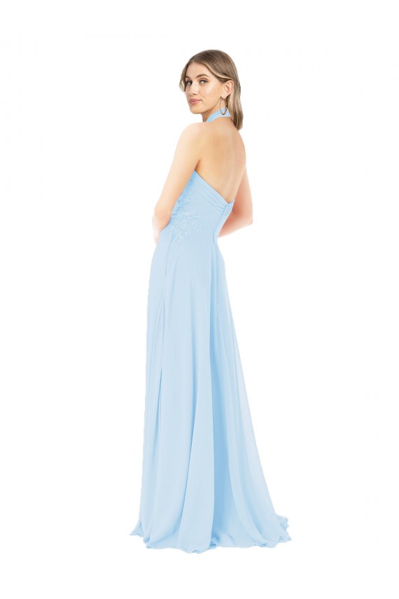 Azzurro cielo Linea A Capestro Alto Collo Chiffona Lunga Abiti da damigella donore AllIngrosso