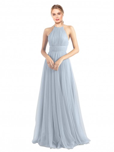 Azzurro cielo Linea A Capestro Tulle Lunga Abiti da damigella donore AllIngrosso