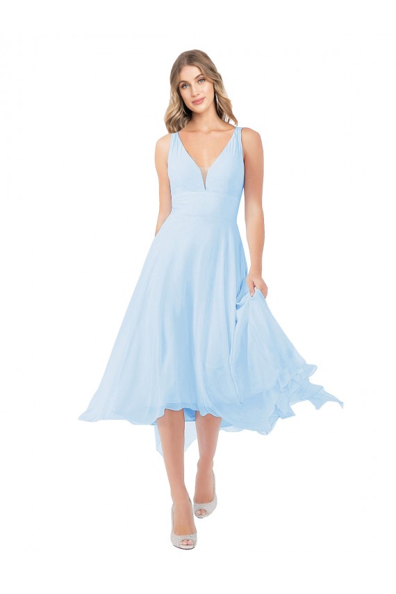 Azzurro cielo Linea A Scollatura a V Midi Chiffona Corto Abiti da damigella donore / Abiti da cocktail AllIngrosso
