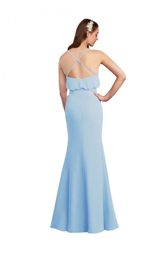 Azzurro cielo Stile sirena Sottili Scollatura a V Chiffona Lunga Abiti da damigella donore AllIngrosso