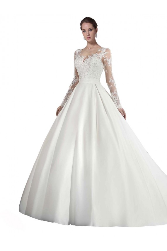 Bianco Linea A Illusione Cattedrale di treno Raso Pizzo Abiti da sposa AllIngrosso