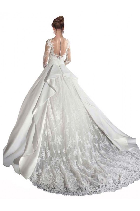 Bianco Linea A Illusione Cattedrale di treno Raso Pizzo Abiti da sposa AllIngrosso