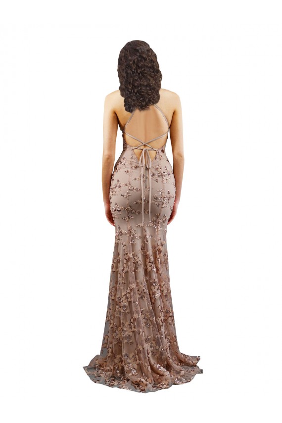 Oro rosa Stile sirena Alto Collo Crespo Elastico Paillettes Tulle Lunga Formali Abiti da damigella donore / Abiti da sera / Abiti da ballo AllIngrosso