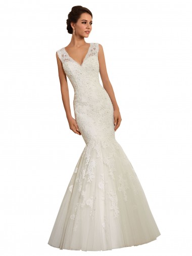 Bianco Stile sirena Scollatura a V Tulle Pizzo Abiti da sposa AllIngrosso