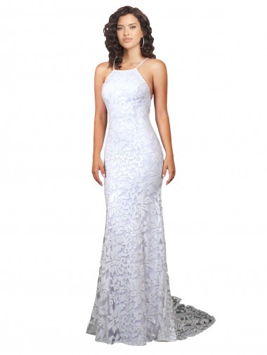 Bianco Tubino Alto Collo Sweep treno Pizzo Abiti da sposa AllIngrosso