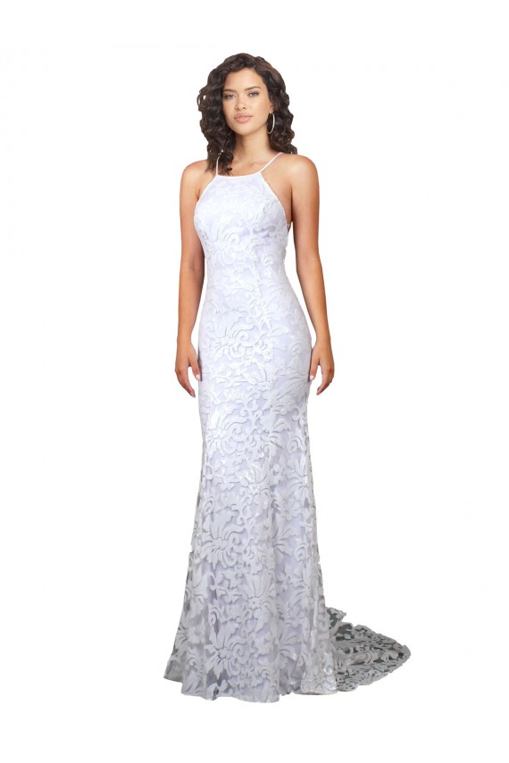 Bianco Tubino Alto Collo Sweep treno Pizzo Abiti da sposa AllIngrosso