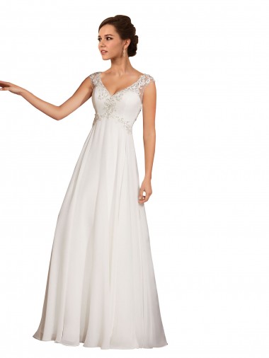 Bianco Tubino Scollatura a V Chiffona Pizzo Abiti da sposa AllIngrosso