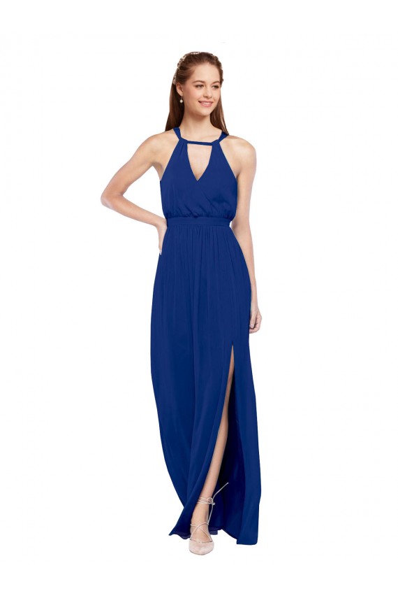 Blu Reale Linea A Alto Collo Chiffona Lunga Abiti da damigella donore AllIngrosso