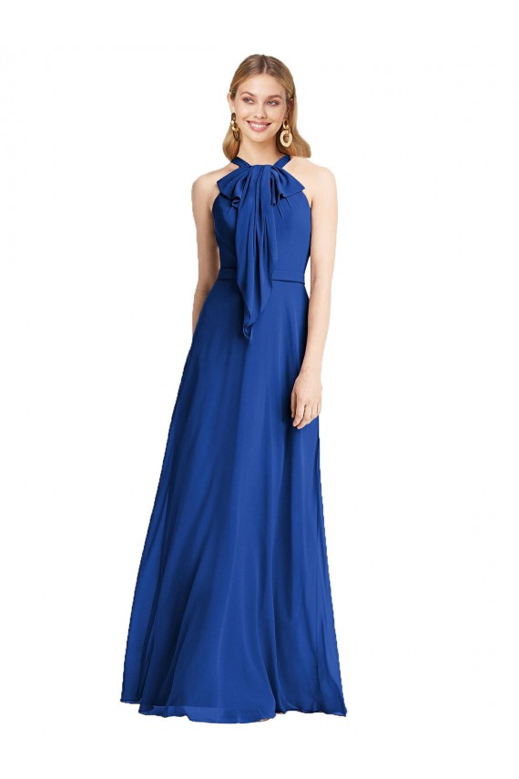 Blu Reale Linea A Capestro Chiffona Lunga Abiti da damigella donore AllIngrosso