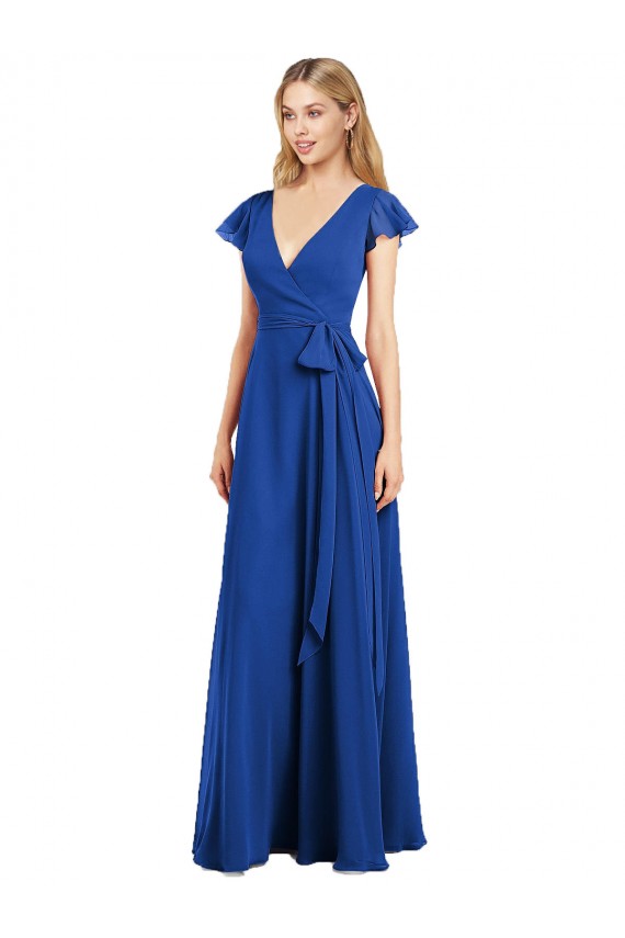 Blu Reale Linea A Scollatura a V Chiffona Lunga Abiti da damigella donore AllIngrosso