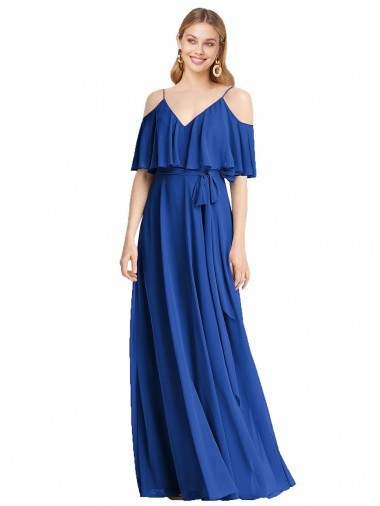 Blu Reale Linea A Sottili Scollatura a V Chiffona Lunga Abiti da damigella donore AllIngrosso
