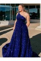 Blu Reale Linea A Una spalla Sweep treno Paillettes Velluto Lunga Abiti da ballo AllIngrosso