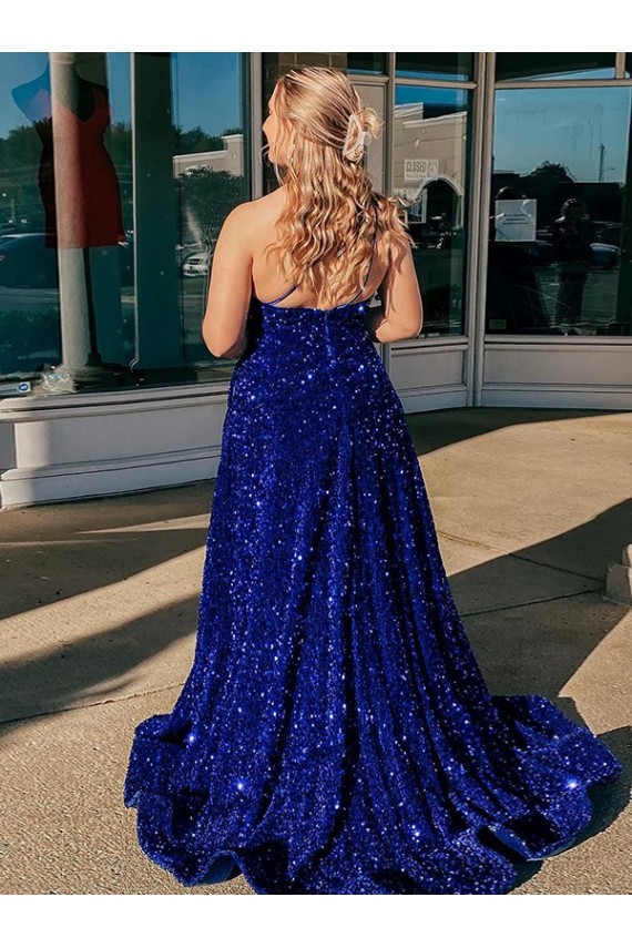 Blu Reale Linea A Una spalla Sweep treno Paillettes Velluto Lunga Abiti da ballo AllIngrosso