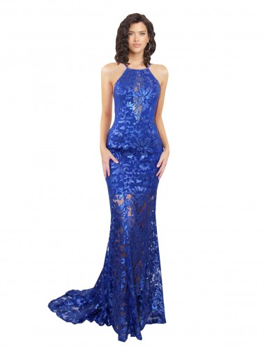 Blu Reale Stile sirena Alto Collo Pizzo Lunga Abiti da damigella donore / Abiti da ballo AllIngrosso