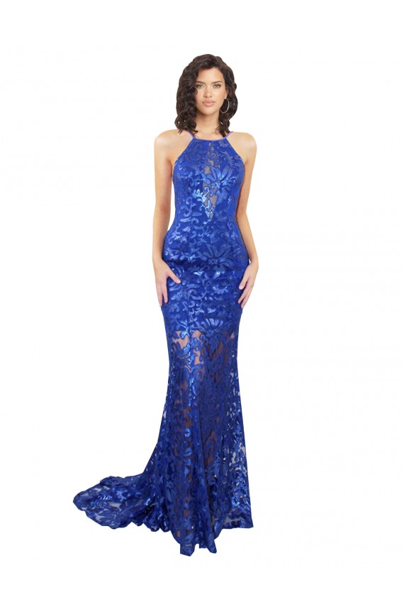 Blu Reale Stile sirena Alto Collo Pizzo Lunga Abiti da damigella donore / Abiti da ballo AllIngrosso