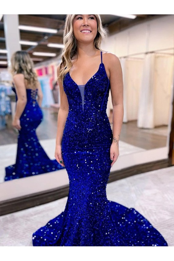 Blu Reale Stile sirena Scollatura a V Paillettes Velluto Lunga Abiti da ballo AllIngrosso