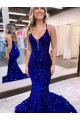 Blu Reale Stile sirena Scollatura a V Paillettes Velluto Lunga Abiti da ballo AllIngrosso