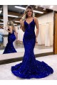 Blu Reale Stile sirena Scollatura a V Paillettes Velluto Lunga Abiti da ballo AllIngrosso