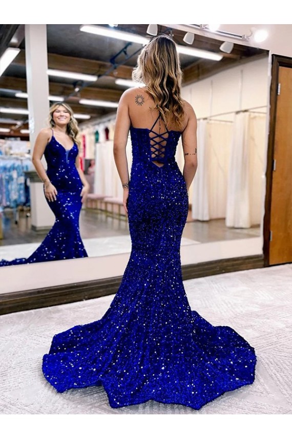 Blu Reale Stile sirena Scollatura a V Paillettes Velluto Lunga Abiti da ballo AllIngrosso