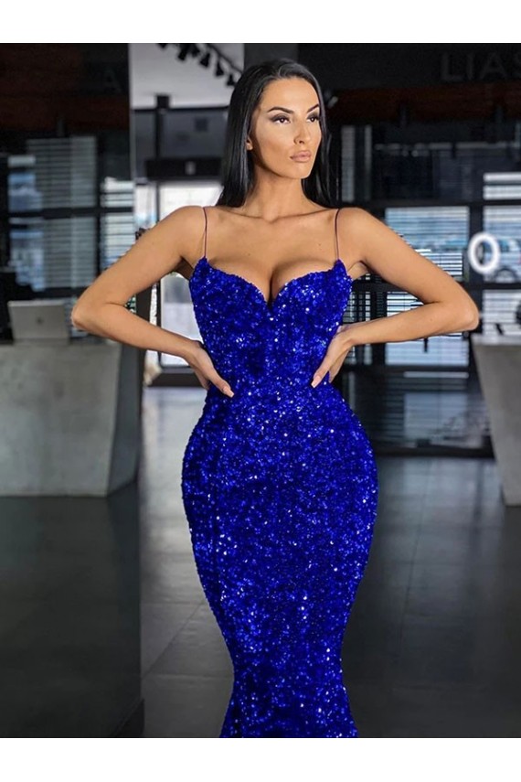 Blu Reale Stile sirena Sottili Sweep treno Paillettes Velluto Lunga Abiti da ballo AllIngrosso