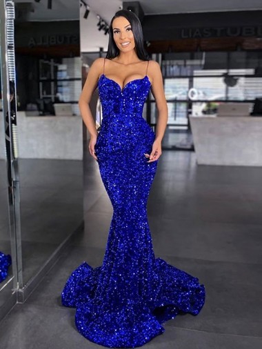 Blu Reale Stile sirena Sottili Sweep treno Paillettes Velluto Lunga Abiti da ballo AllIngrosso