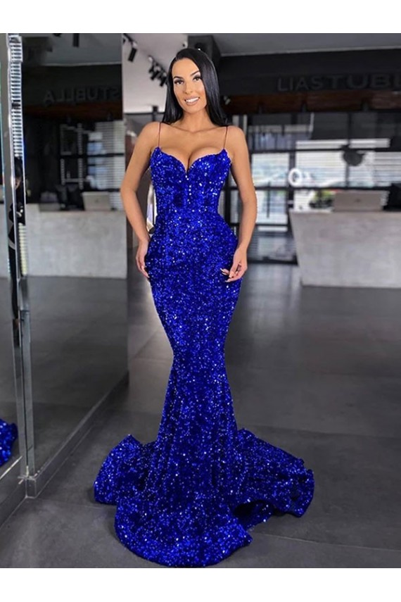 Blu Reale Stile sirena Sottili Sweep treno Paillettes Velluto Lunga Abiti da ballo AllIngrosso