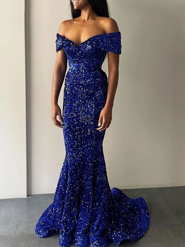 Blu Reale Stile sirena Sweep treno Paillettes Velluto Lunga Abiti da ballo AllIngrosso