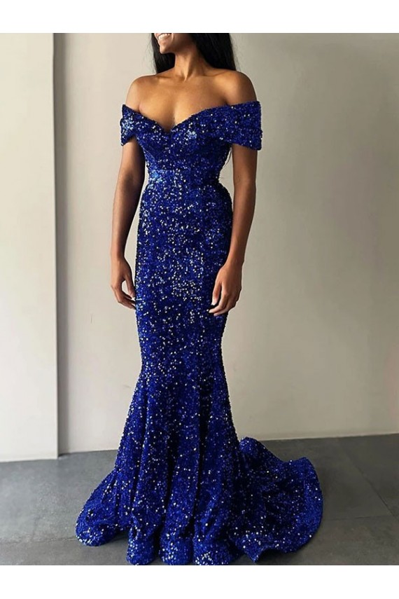 Blu Reale Stile sirena Sweep treno Paillettes Velluto Lunga Abiti da ballo AllIngrosso