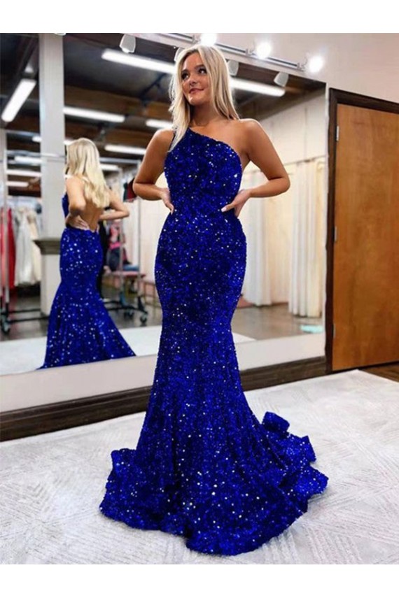 Blu Reale Stile sirena Una spalla Sweep treno Paillettes Velluto Lunga Abiti da ballo AllIngrosso