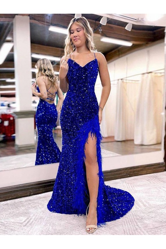 Blu Reale Tubino Scollatura a V Sweep treno Paillettes Velluto Lunga Abiti da ballo AllIngrosso