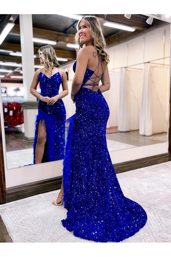 Blu Reale Tubino Scollatura a V Sweep treno Paillettes Velluto Lunga Abiti da ballo AllIngrosso