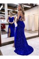 Blu Reale Tubino Scollatura a V Sweep treno Paillettes Velluto Lunga Abiti da ballo AllIngrosso