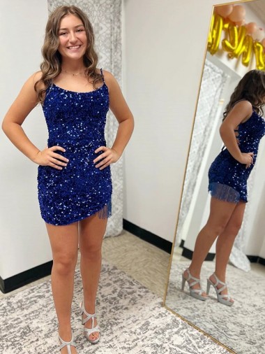 Blu Reale Tubino Sottili Corto Paillettes Velluto Corto Abiti da ballo AllIngrosso