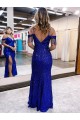 Blu Reale Tubino Sottili Scollatura a V Paillettes Velluto Lunga Abiti da ballo AllIngrosso