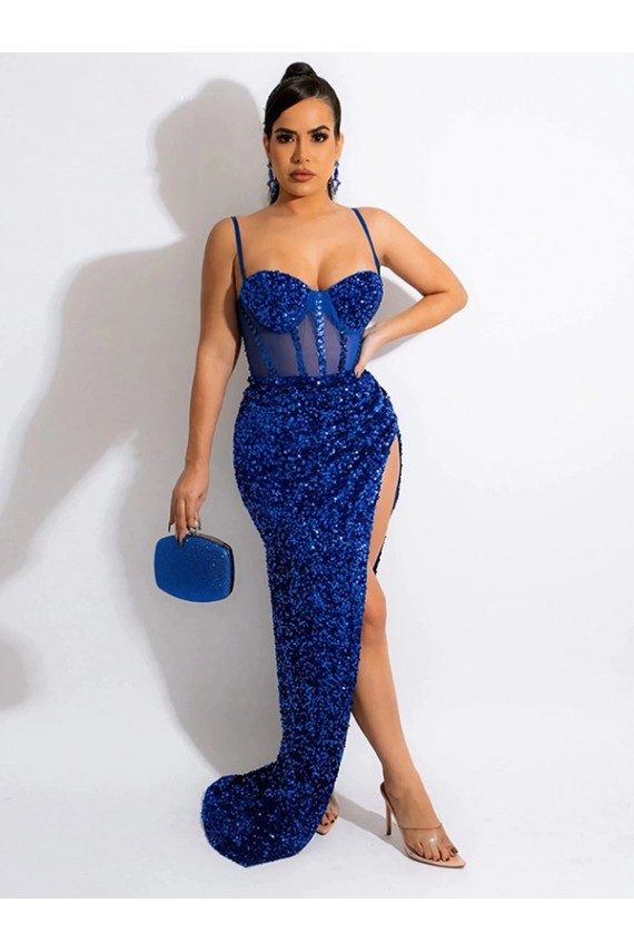 Blu Reale Tubino Sottili Sweep treno Paillettes Velluto Lunga Abiti da ballo AllIngrosso