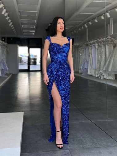 Blu Reale Tubino Sottili Sweep treno Paillettes Velluto Lunga Abiti da ballo AllIngrosso
