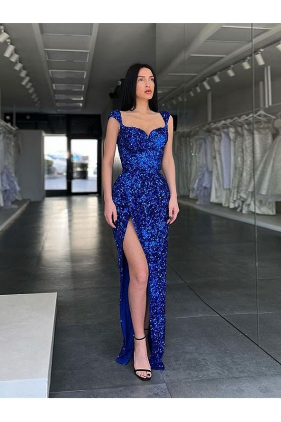 Blu Reale Tubino Sottili Sweep treno Paillettes Velluto Lunga Abiti da ballo AllIngrosso